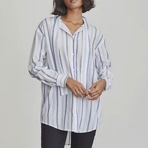 Elizabeth And James White Blue Striped Button Down Tie Neck Blouse Size L